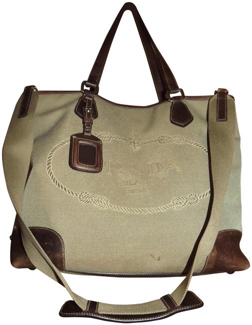 Prada Canapa Large Leather Trimmed Strap Brown Canvas Tote