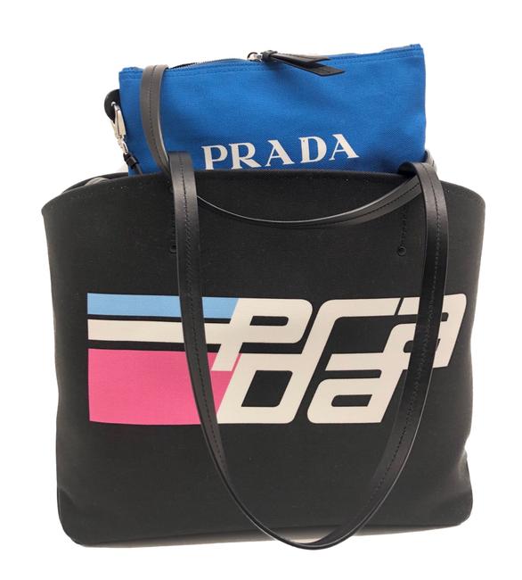 Prada Canapa Large Shopper + Pouch Black Canvas Leather Tote
