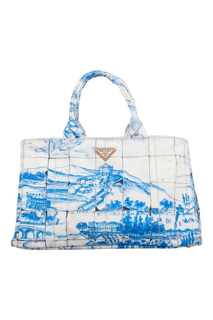 Prada Canapa Off WhiteBlue Printed Large Blue Canvas Tote