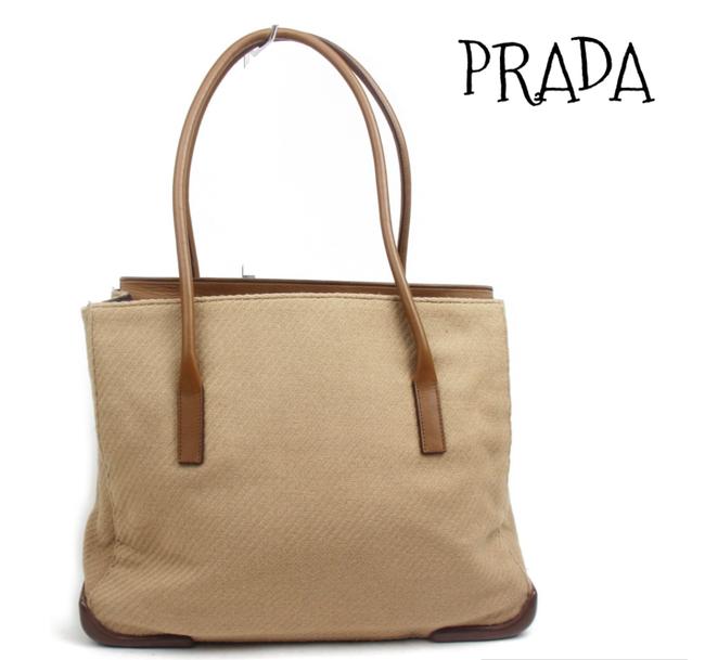 Prada Canvas Beige  Brown Leather Tote