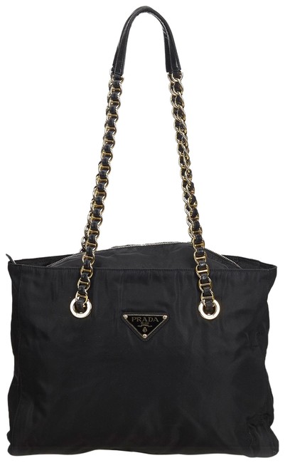 Prada Bag Fabric Chain Italy Large Black Nylon Tote