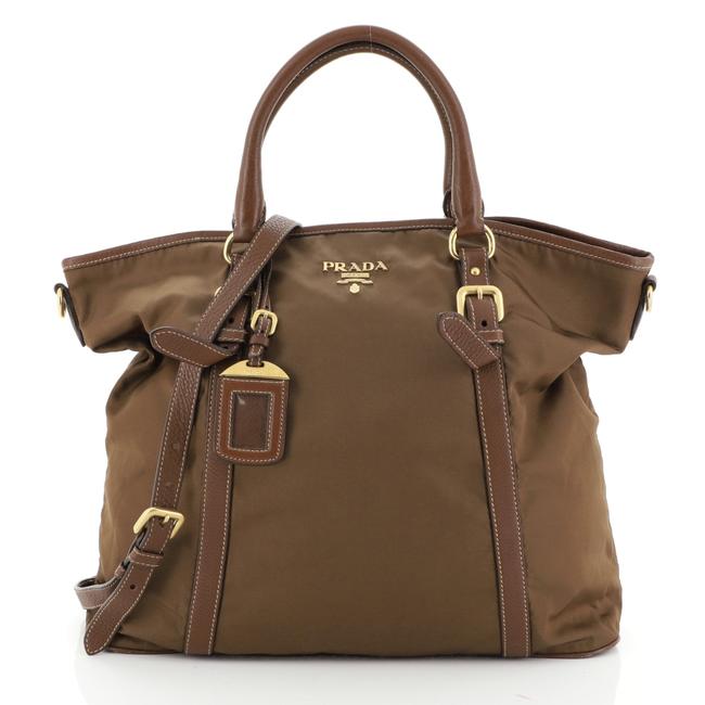 Prada Convertible Belted Tessuto Large Brown Nylon Tote