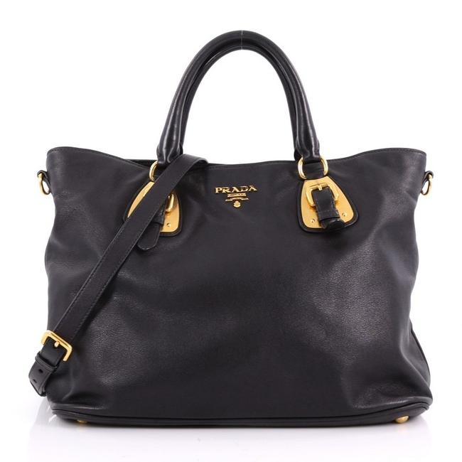 Prada Convertible Buckle Soft Calfskin Large Black Leather Tote