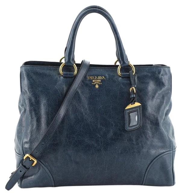 Prada Convertible Buckle Soft Calfskin Large Blue Leather Tote