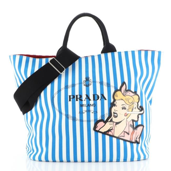 Prada Convertible Comic Printed Medium Blue Canvas Tote