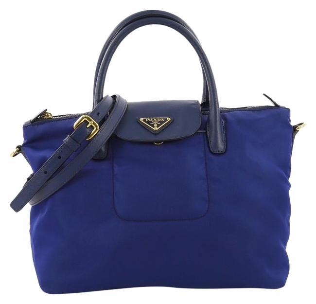 Prada Convertible Flap Tessuto and Saffiano Medium Blue Leather Tote