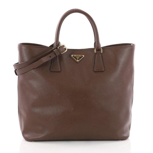Prada Open Convertible Saffiano Medium Brown Leather Tote