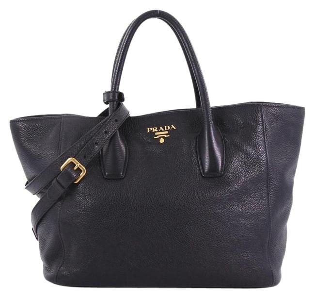 Prada Vitello Daino Open Convertible Medium Black Leather Tote