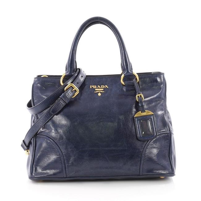 Prada Shopping Convertible Vitello Shine Medium Blue Leather Tote