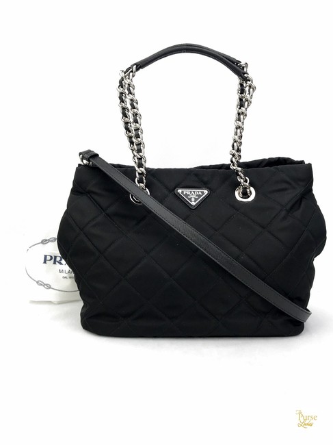Prada Crossbody Quilted Tessuto Chain #29034 Black Nylon Tote