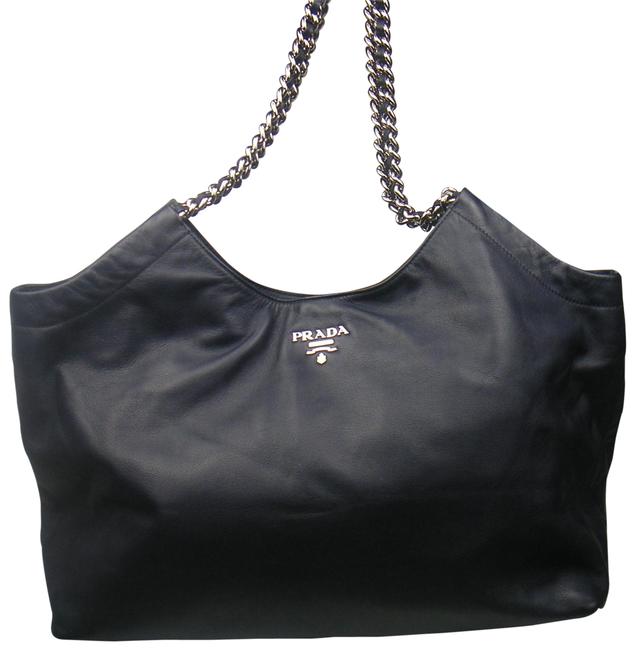 Prada XL Shoulder Bag Cabas Deerskin Cervo Calf Chain Navy Blue Leather Tote