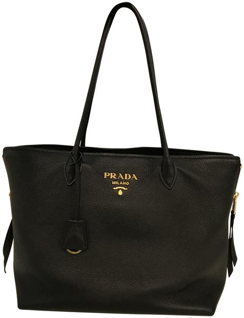 Prada Double Black Pebbled Leather Bag with Gold Hardware Tote