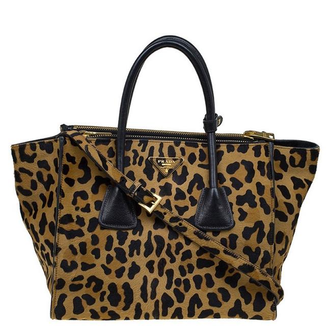 Prada Double Brown Leopard Print Zip Beige Calf Hair Tote