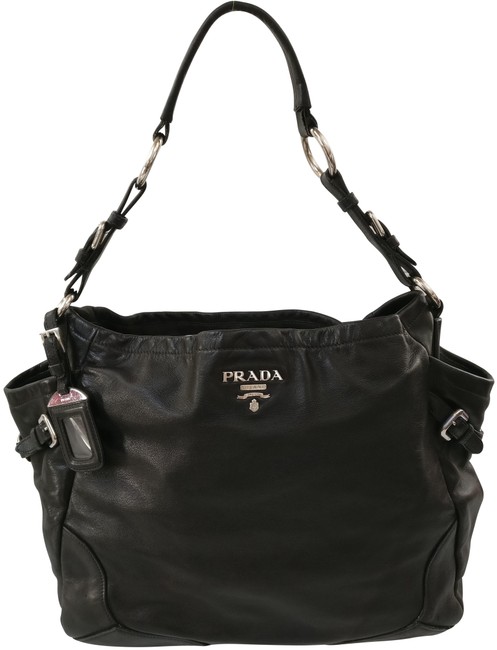 Prada Shoulder Bag Double Buckle Pocket Black Leather Tote
