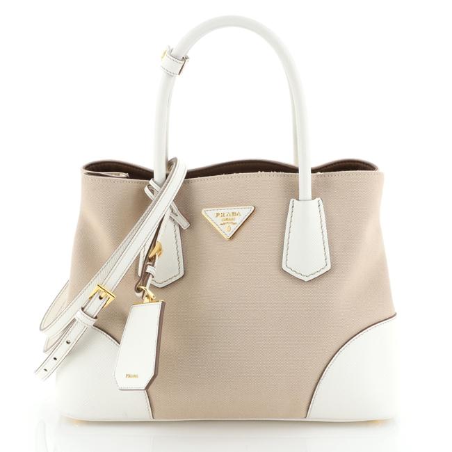 Prada Double Cuir and Saffiano Leather Small Neutral Canvas Tote