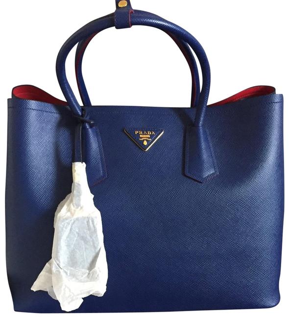 Prada Double Cuir Bluette Saffiano Leather Tote