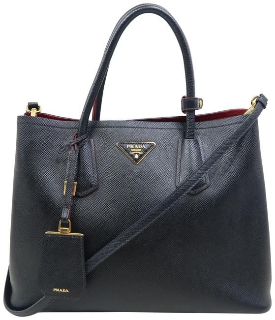 Prada Double Cuir Calfskin Canvas Satchel Black Saffiano Leather Tote