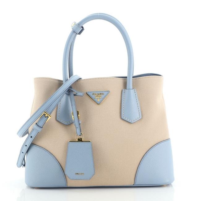 Prada Double Cuir Canvas and Saffiano Small Blue Leather Tote
