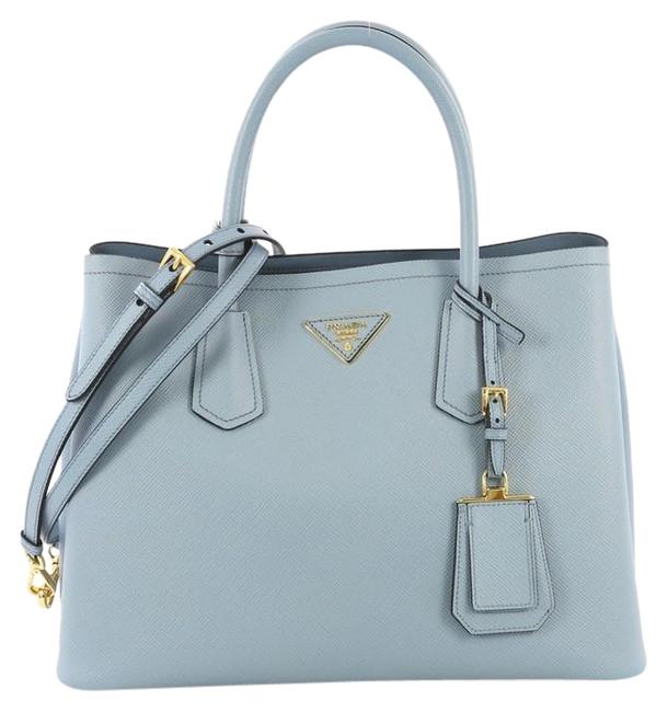 Prada Double Cuir Medium Blue Saffiano Leather Tote