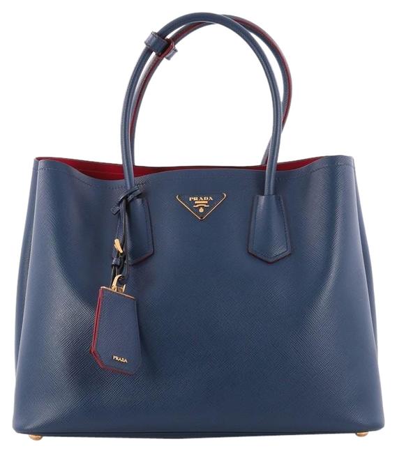 Prada Double Cuir Saffiano Medium Blue Leather Tote