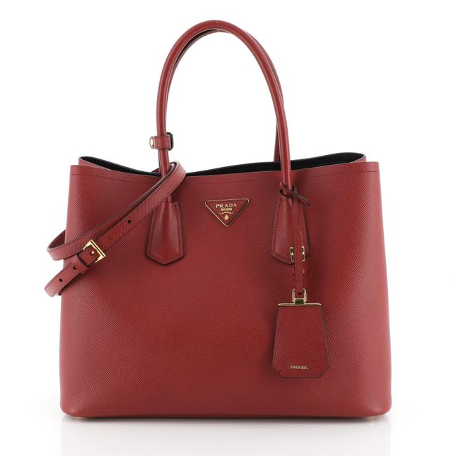 Prada Double Cuir Saffiano Medium Red Leather Tote