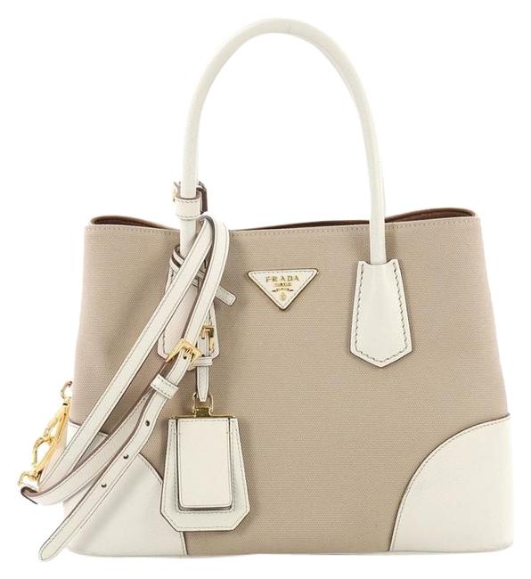 Prada Double Cuir Saffiano Small Beige and White Canvas Leather Tote