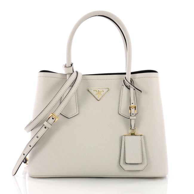 Prada Double Cuir Saffiano Small White Lambskin Leather Tote