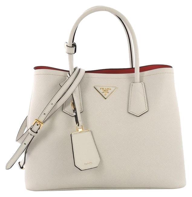 Prada Double Cuir Saffiano Small White Leather Tote