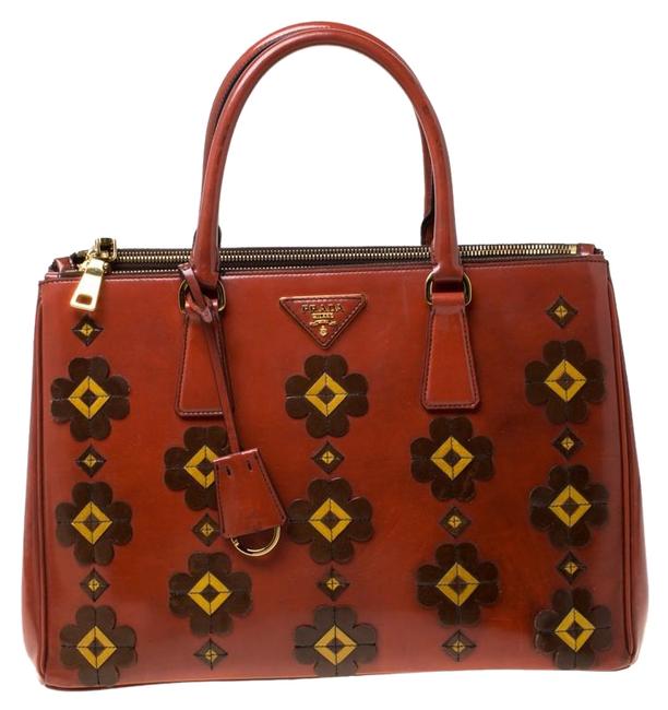 Prada Double Floral Applique Medium Zip Orange Leather Tote