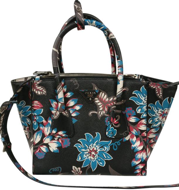 Prada Double Floral Saffiano Satchel Zip Black Leather Tote