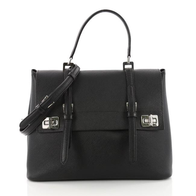 Prada Double Half Flap Turn Lock Satchel Saffiano Large Black Leather Tote