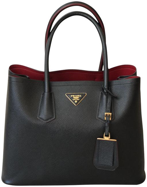 Prada Bag Double Large Satchel Black Saffiano Calfskin Leather Tote