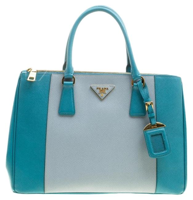 Prada Double Lux Bicolor Saffiano Medium Zip Blue Leather Tote
