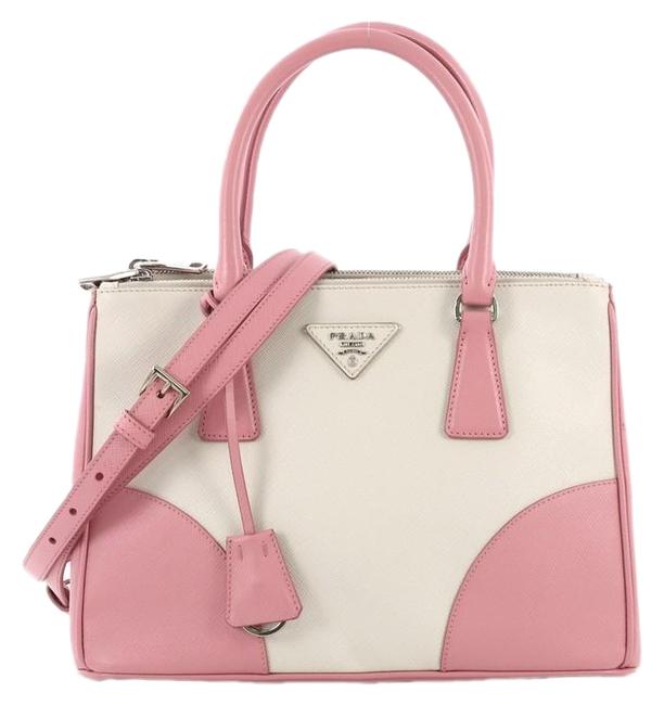 Prada Double Lux Bicolor Zip Saffiano Small Pink and White Leather Tote