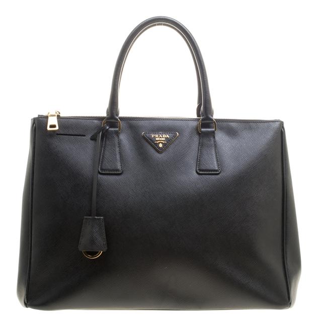 Prada Double Lux Black Saffiano Large Zip Blue Leather Tote