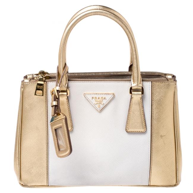 Prada Double Lux GoldWhite Saffiano Small Zip Gold Leather Tote