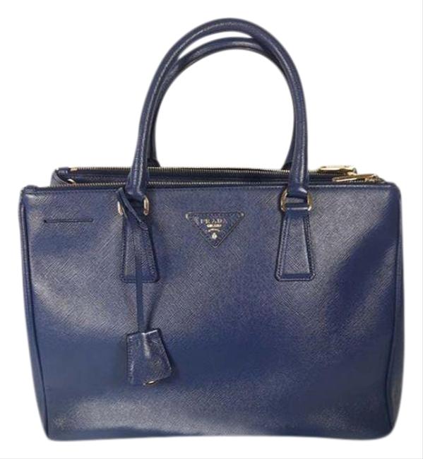 Prada Double Lux Large Zip Hand Blue Saffiano Leather Tote