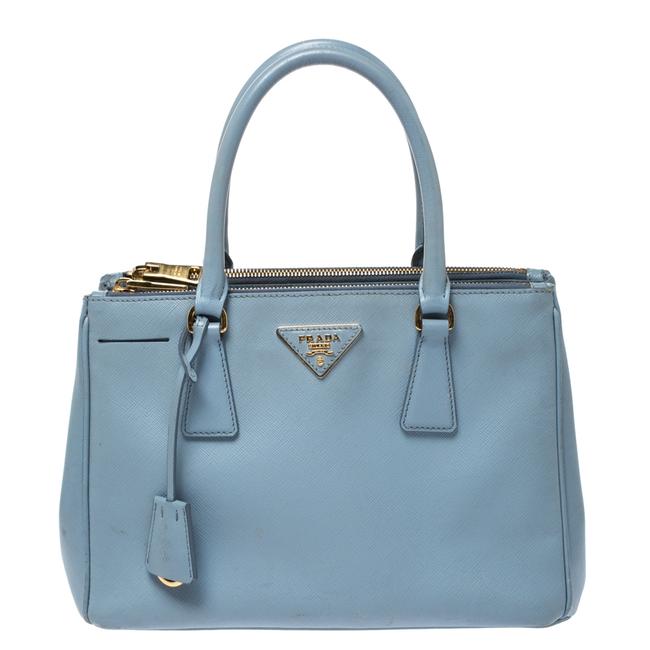 Prada Double Lux Light Saffiano Zip Blue Leather Tote