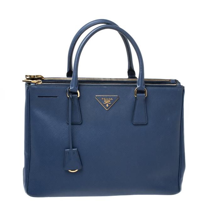 Prada Double Lux Saffiano Medium Zip Navy Blue Leather Tote
