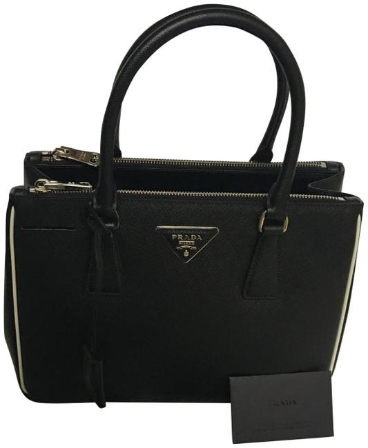 Prada Bag Double Lux Saffiano Nero+talco Leather Tote