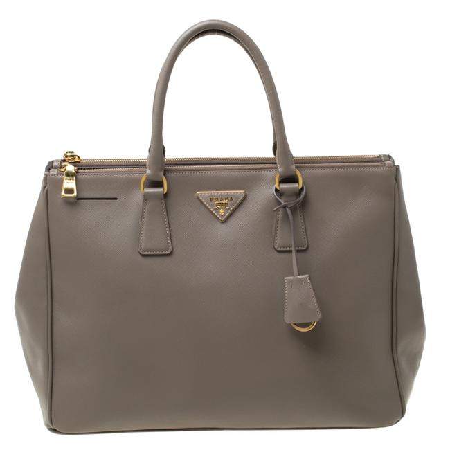 Prada Double Lux Taupe Saffiano Large Zip Grey Leather Tote
