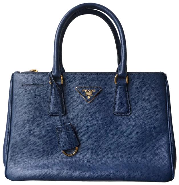 Prada Double Lux Zip Blue Saffiano Leather Tote