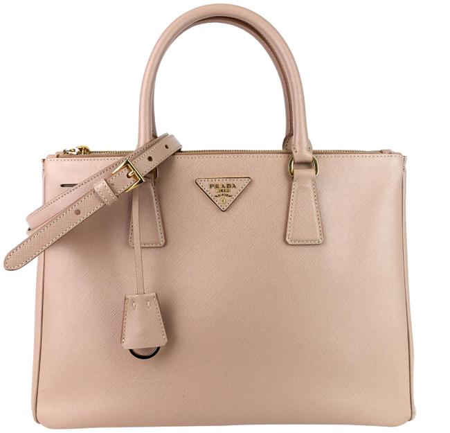 Prada Double Lux Zip Cammeo Saffiano Leather Tote