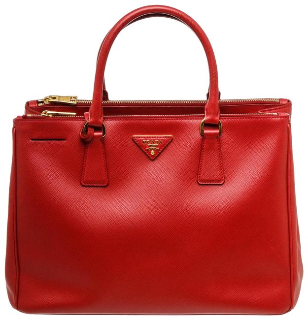 Prada Double Lux Zip Executive 497143 Red Saffiano Leather Tote