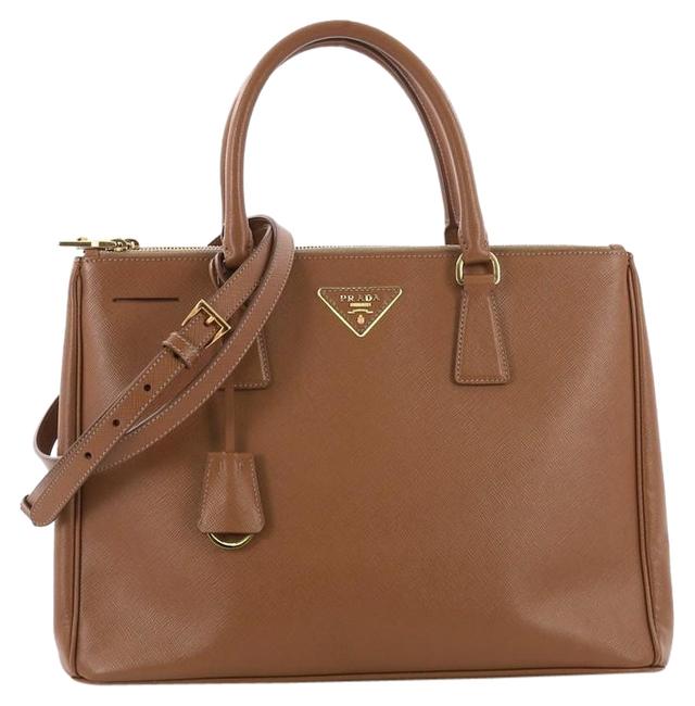 Prada Double Lux Zip Saffiano Medium Brown Leather Tote