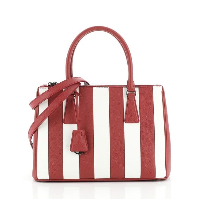 Prada Double Lux Zip Striped Saffiano Small Red White Leather Tote