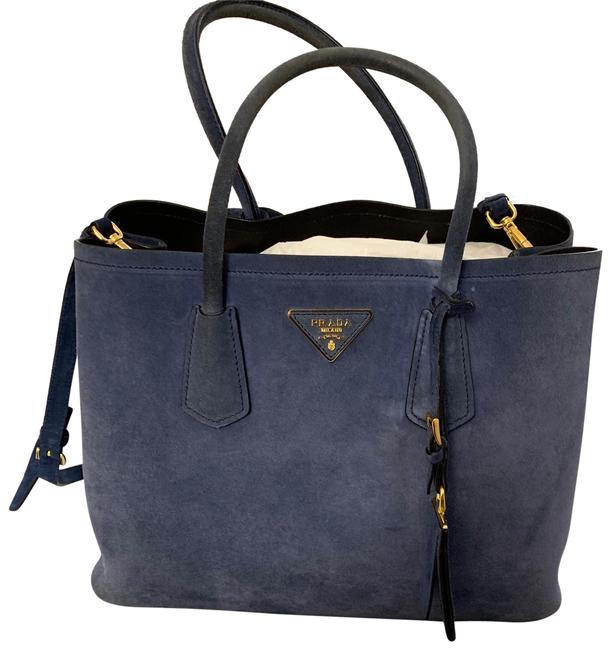 Prada Double Medium Blue Suede Leather Tote