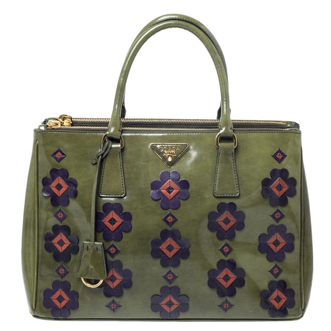 Prada Double Military Fiori Medium Zip Green Patent Leather Tote