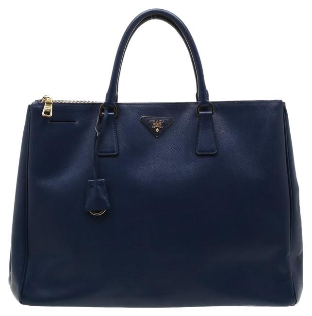 Prada Double Navy Blue Saffiano Executive Zip Brown Leather Tote