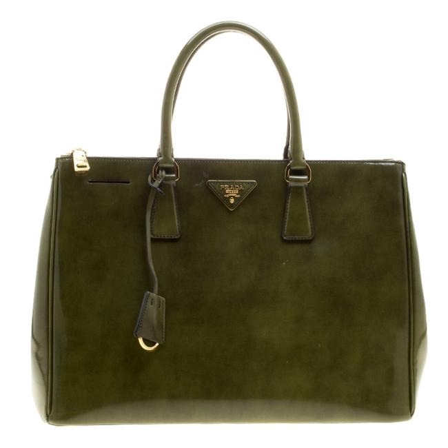 Prada Double Olive Spazzolato Large Zip Green Patent Leather Tote